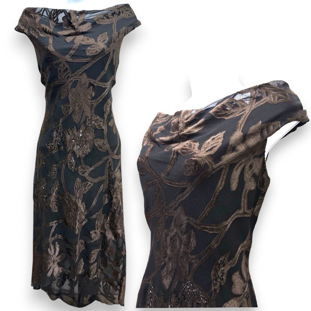 Y2k Velvet Burnout Beaded Floral Dress Women Small Brown Whimsigoth Dark Fairy